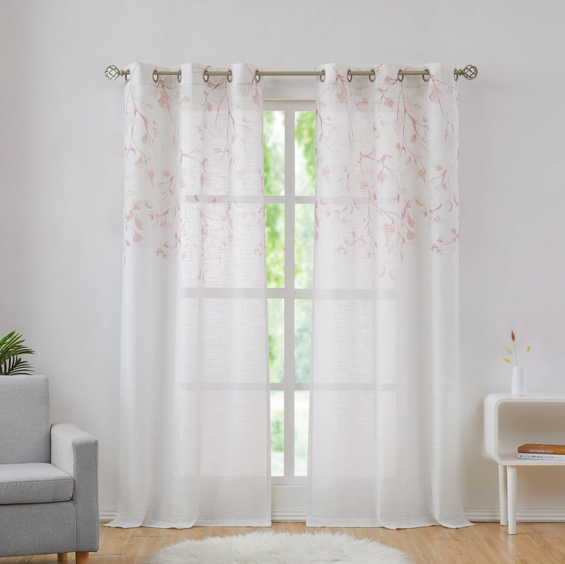 Central Park Leaf Floral Print Metallic Sheer Linen Window Curtain Panel for Rustic Living Room/Bedroom Sparkling Decorative 6 Grommets Top Drape Panels Farmhouse Curtains,Coral Red,40" x 95"x2, 2 PK - Image 1